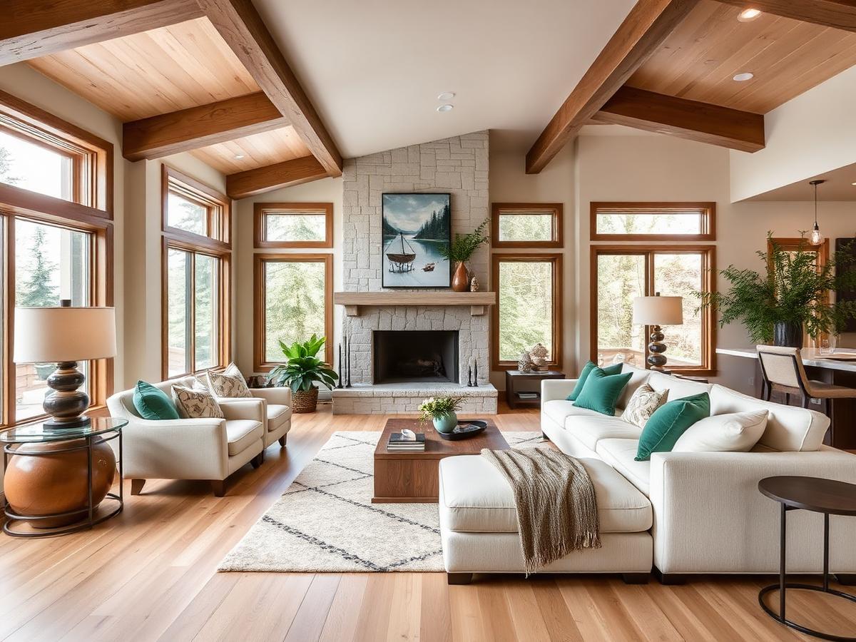 Living room after interior design with light oak floors, plaster fireplace, and cream sectional