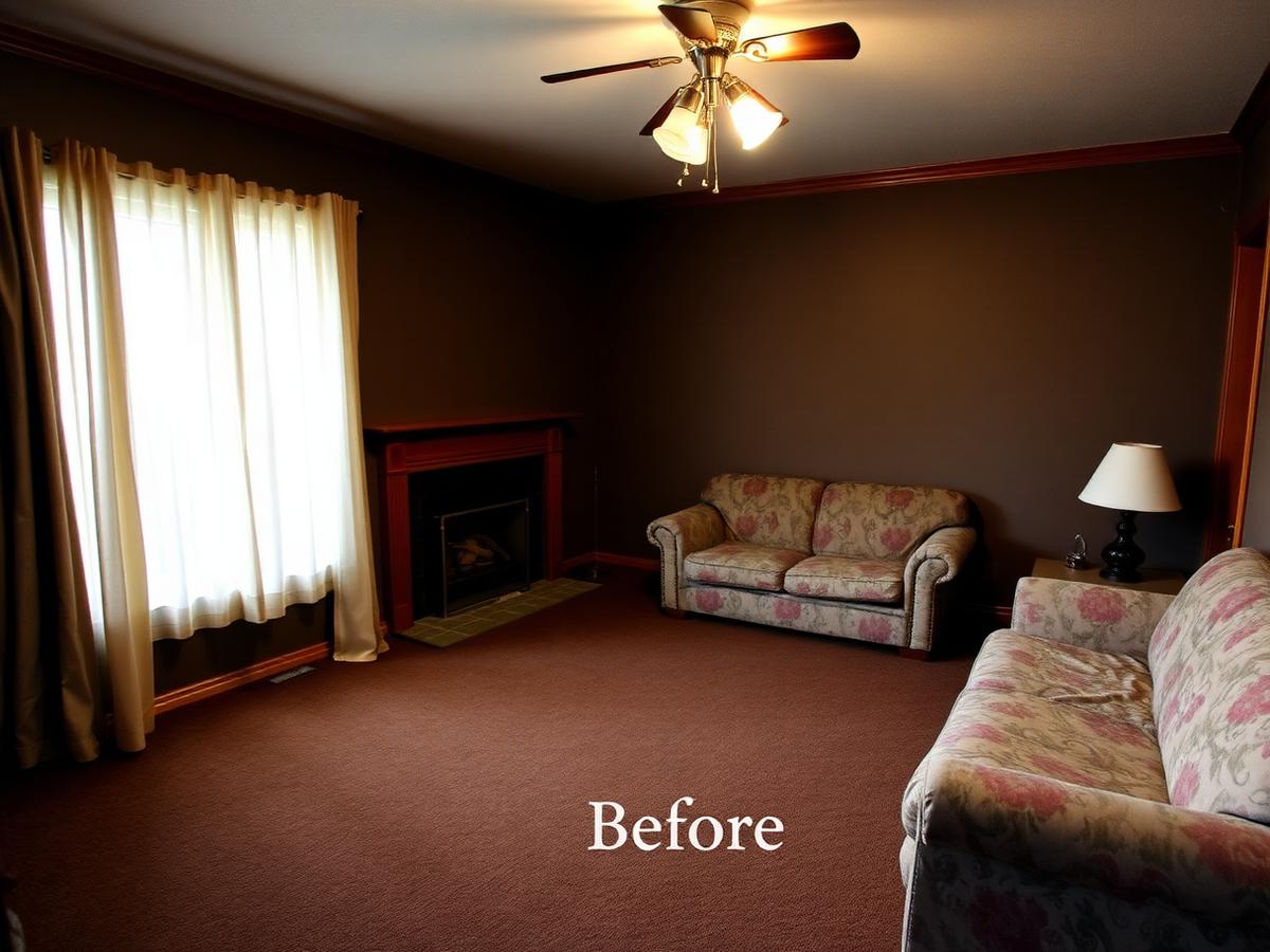 Living room before renovation with dark brown carpet, dated trim, and floral sofa