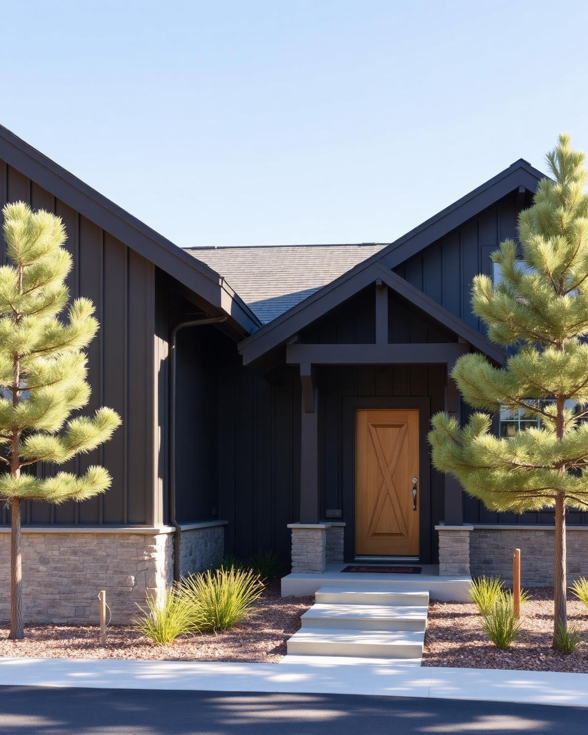 Mountain-modern Flagstaff home exterior with stone base, dark siding, and oak entry door among pines