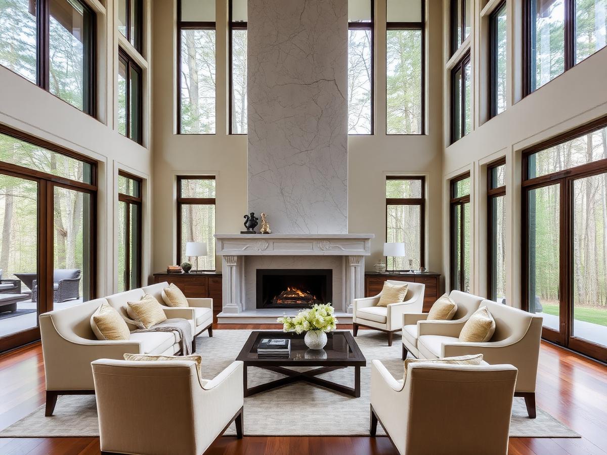 Luxury great room with tall windows, stone fireplace, and cream upholstered seating