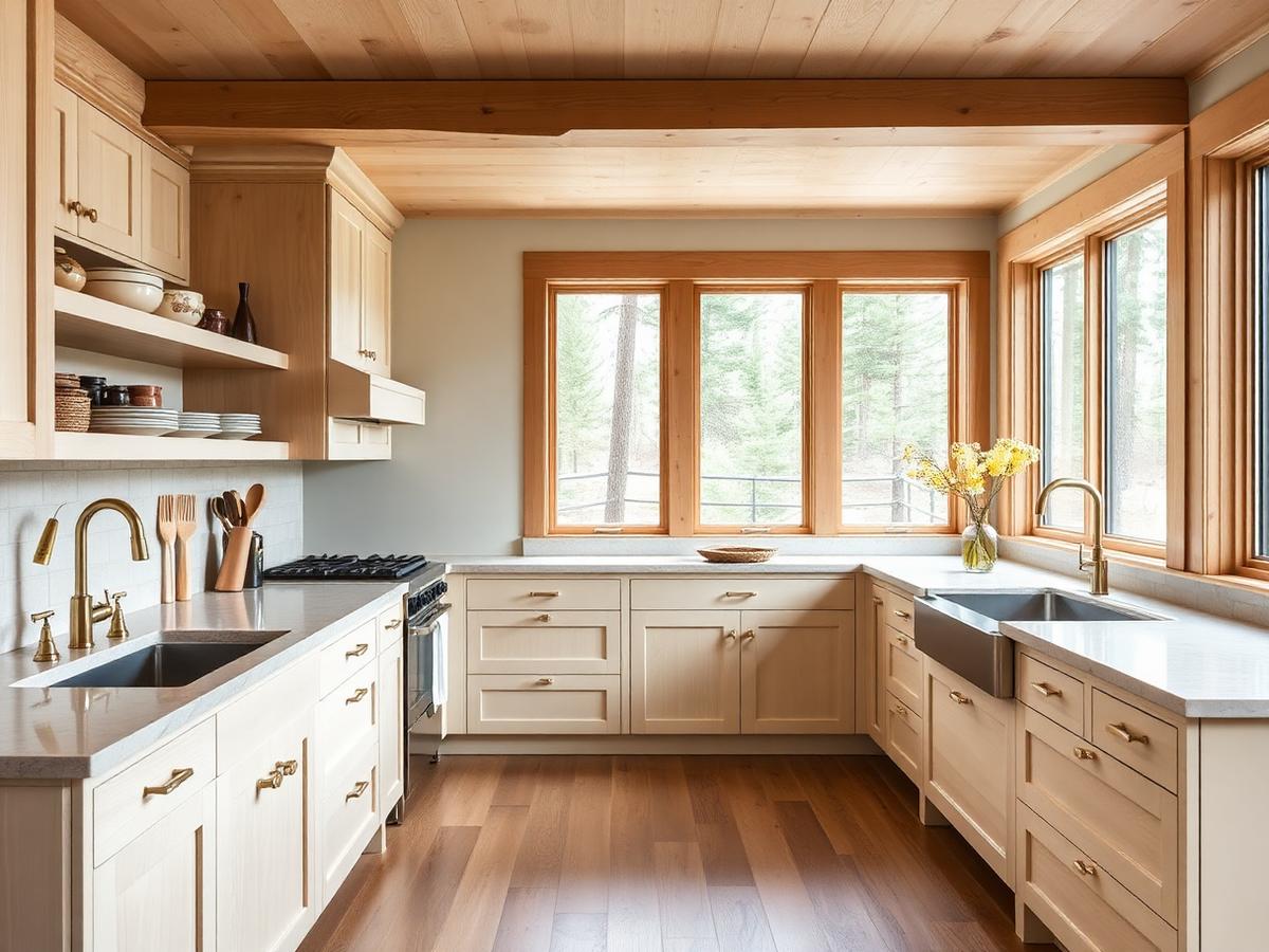 Renovated mountain kitchen with light oak cabinets, stone counters, brass fixtures, and forest view