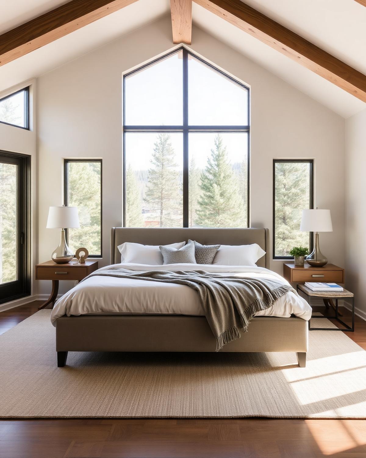 Serene primary bedroom with upholstered bed, exposed beams, and windows framing pine trees
