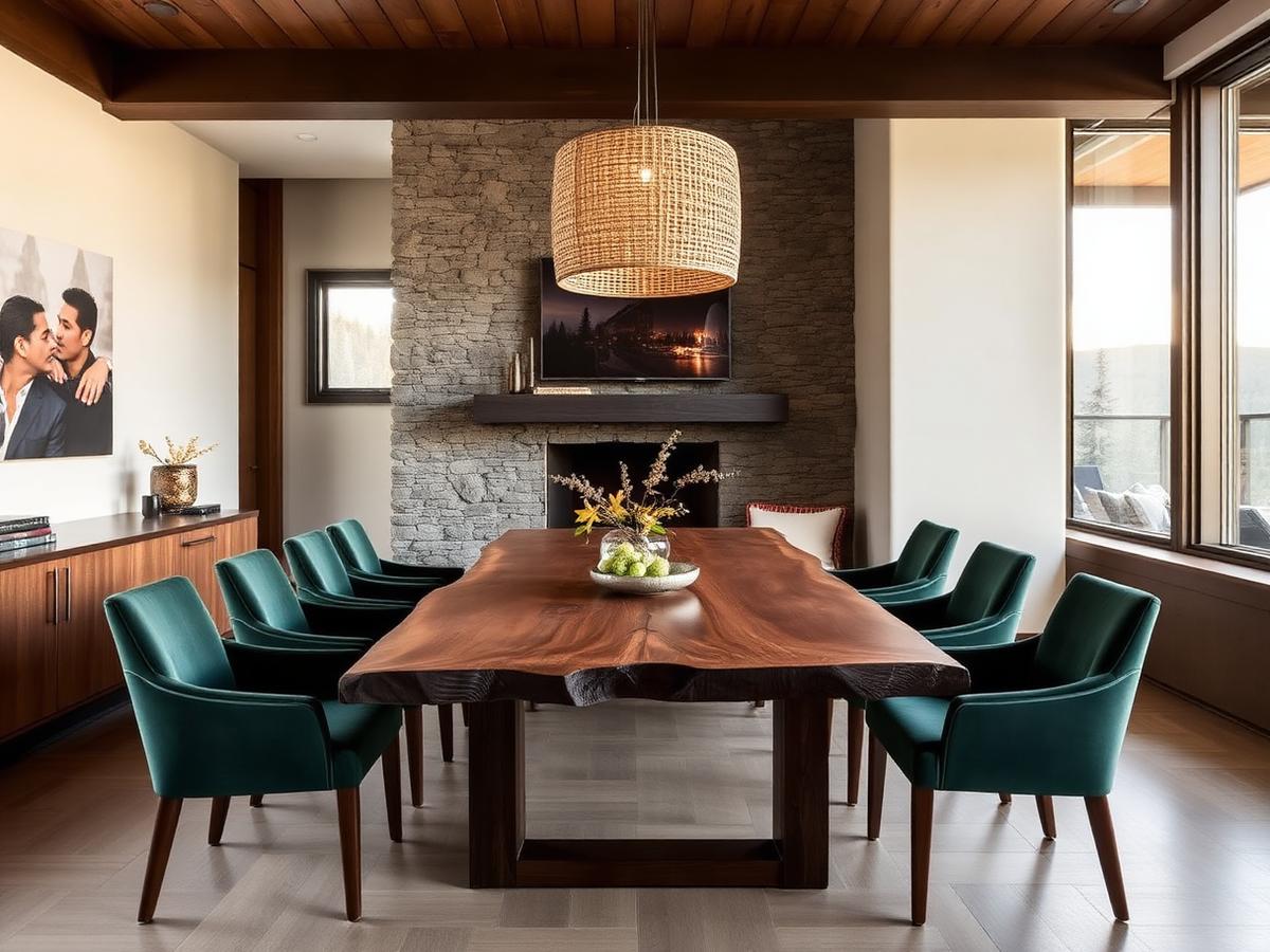 Elegant dining room with live-edge walnut table, woven pendant light, and green upholstered chairs