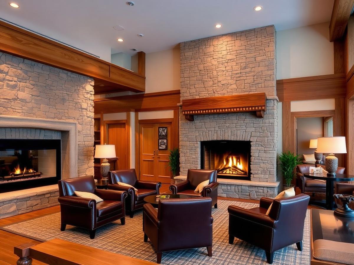 Boutique hotel lobby with stone fireplace, leather lounge chairs, and oak millwork