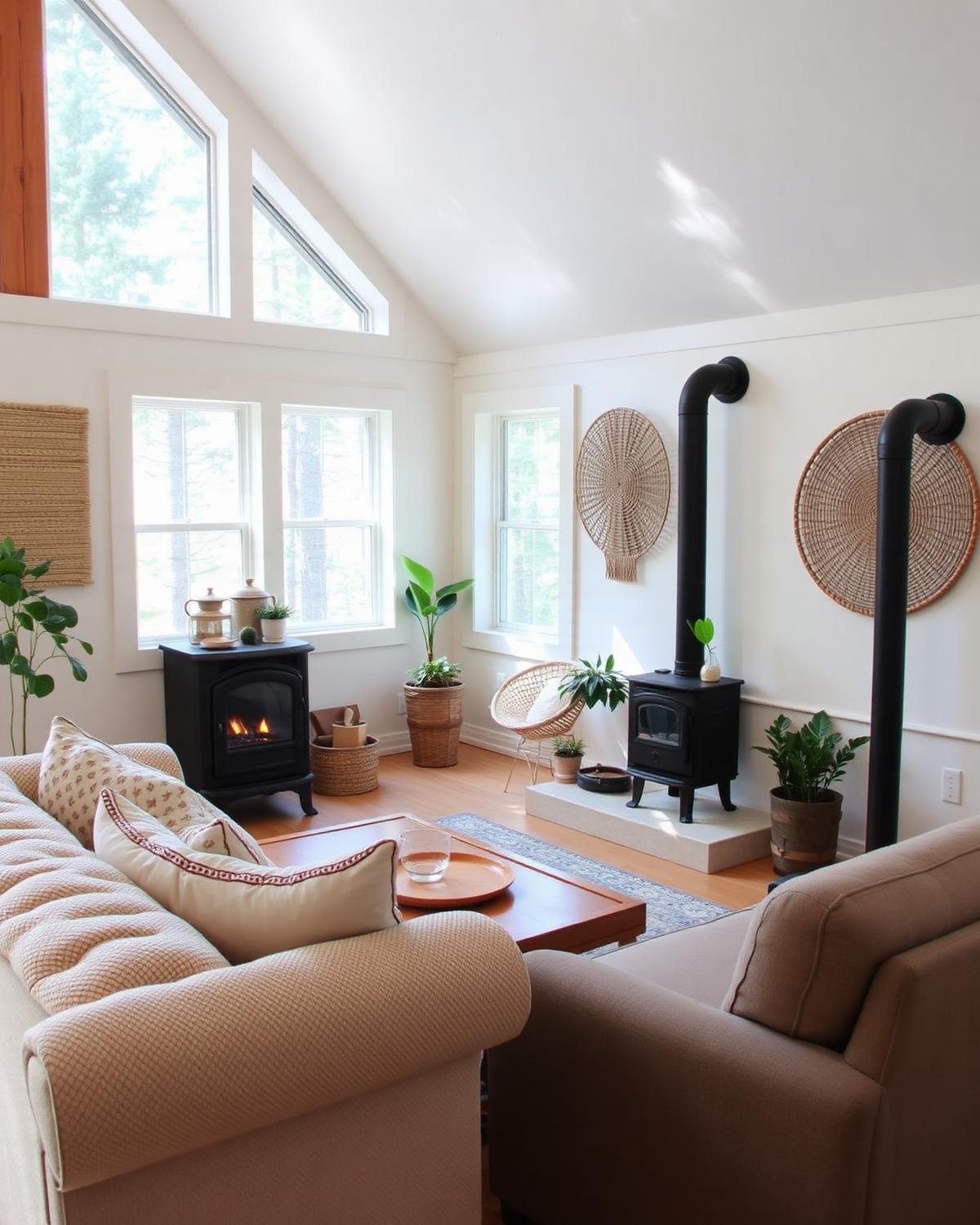 Bright styled Airbnb cabin living room with neutral sofa, wood stove, and woven wall art