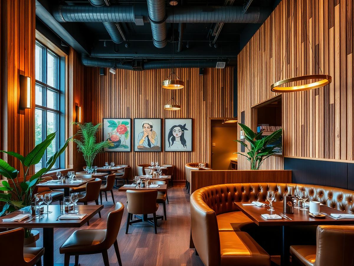 Commercial interior design for a restaurant with wood slat walls and brass lighting