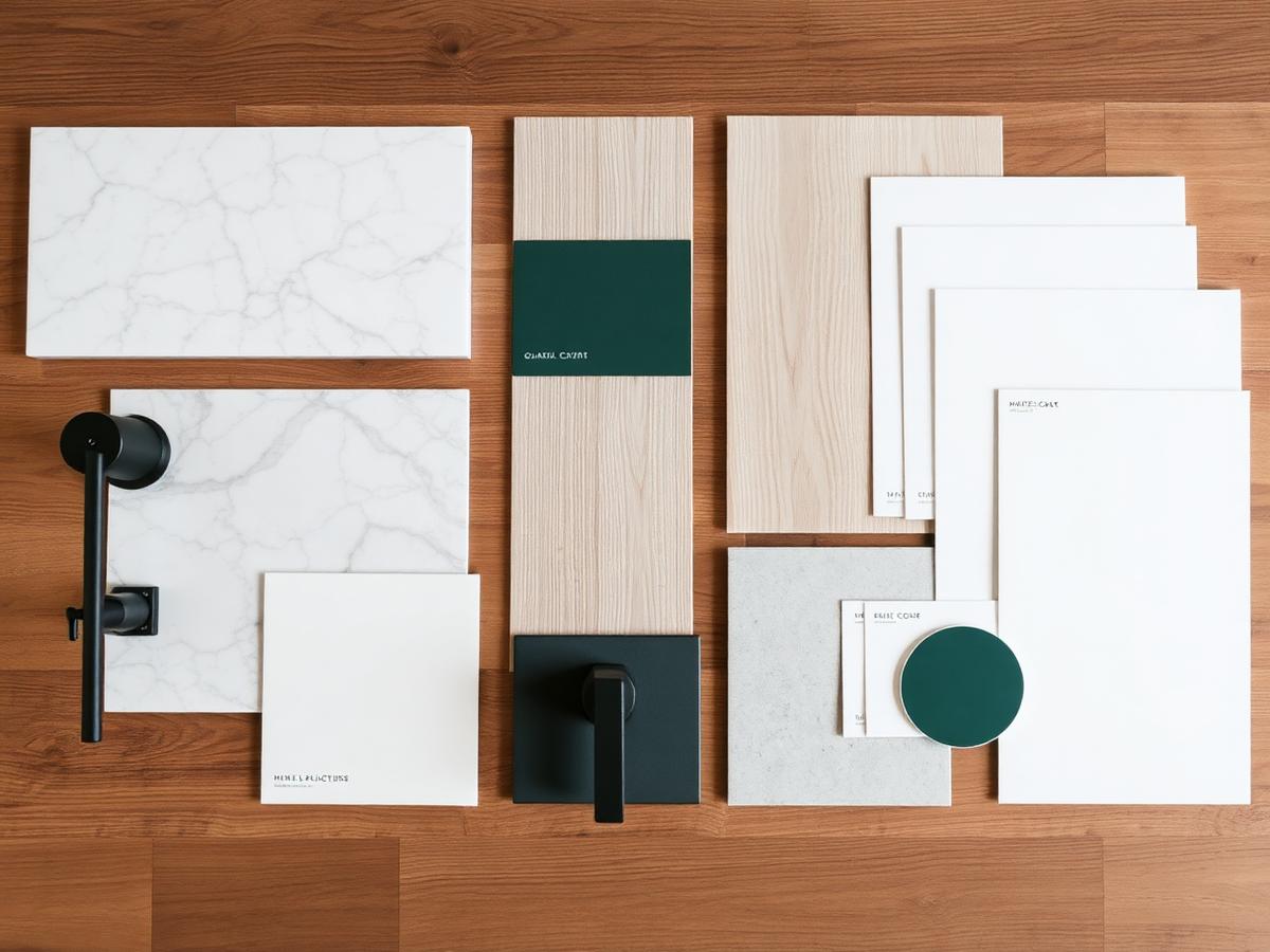 Flooring, tile, countertop, and paint samples selected for a Flagstaff remodel
